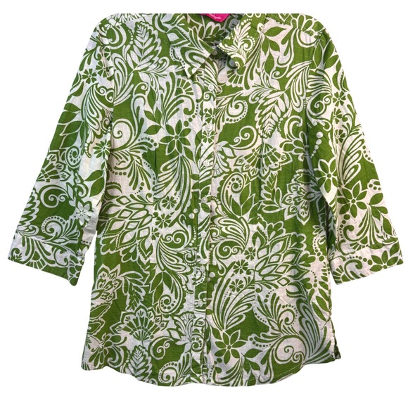 Pappagallo Shirt Blouse Medium Womens Button Down Green White Floral Roll Tab - Picture 7 of 15
